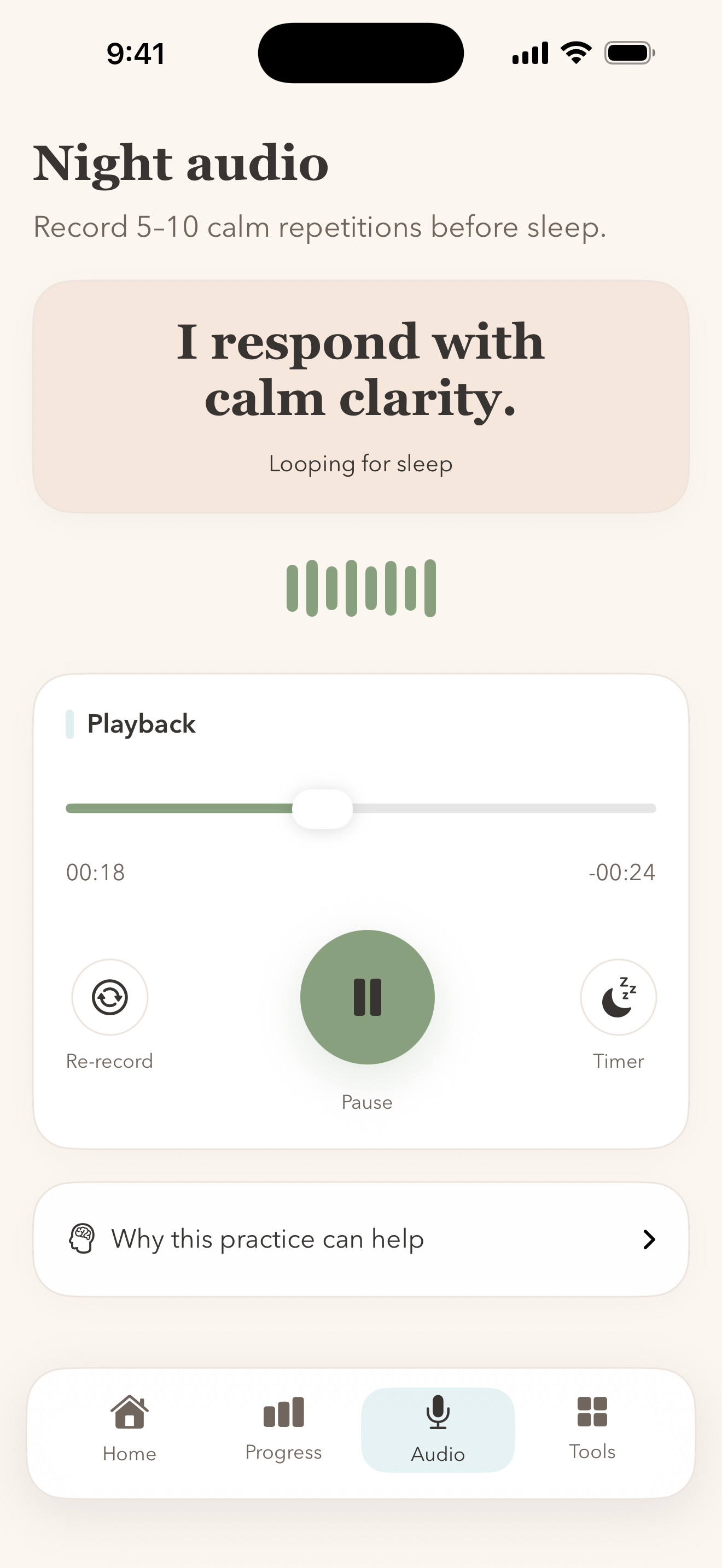Believe Night audio playback screen on iPhone